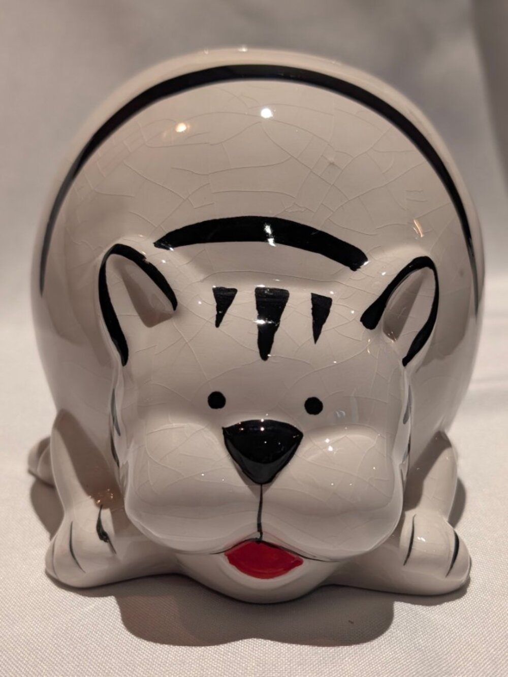 Vintage Pier 1 Ceramic White Tiger Cat Piggy Bank - 6"x5.5"